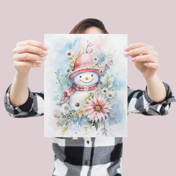 Watercolor Snowman Christmas Theme Wall Art Illustration Print Unframed - Picture 4 of 5